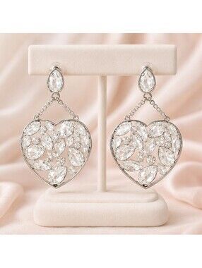 Oversized Silver Tone Crystal Heart Drop Earrings Clear Faceted Stones